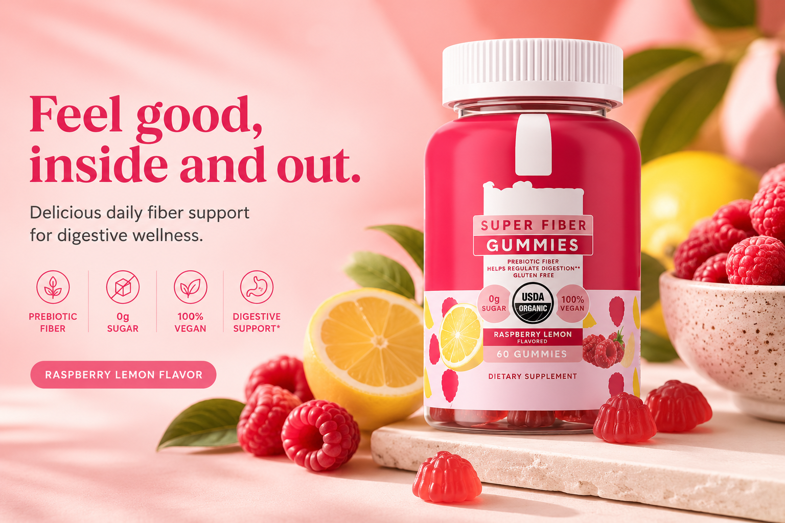 Daily Fiber Gummies – Raspberry Lemon | Digestive Support, Vegan & Sugar-Free